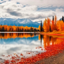 Fall Foliage at Skilak Lake near Cooper Landing on Kenai Peninsula, Alaska. Foliage Turning Orange and Yellow as Autumn Arrives in the United States: Generative AI